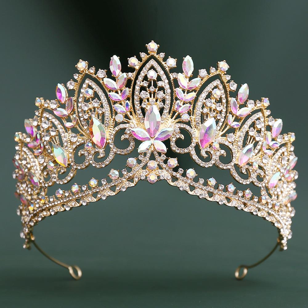 DIEZI Baroque Green Blue Pink Opal Crystal Tiara Crown Women Girls Wedding Party Elegant Luxury Rhinestone Crown Hair Jewelry