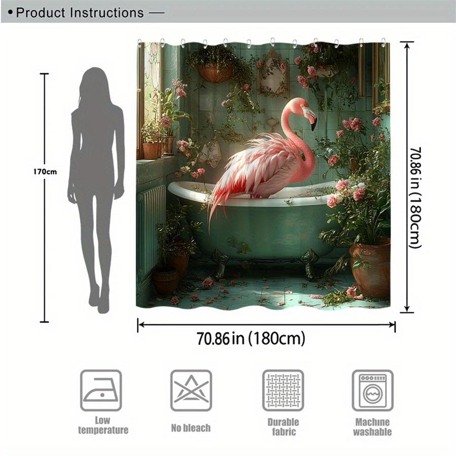 Pink Flamingo In Bathtub Shower Curtain Waterproof Moisture Proof Privacy Protection Print Boho Garden Design Hooks Included