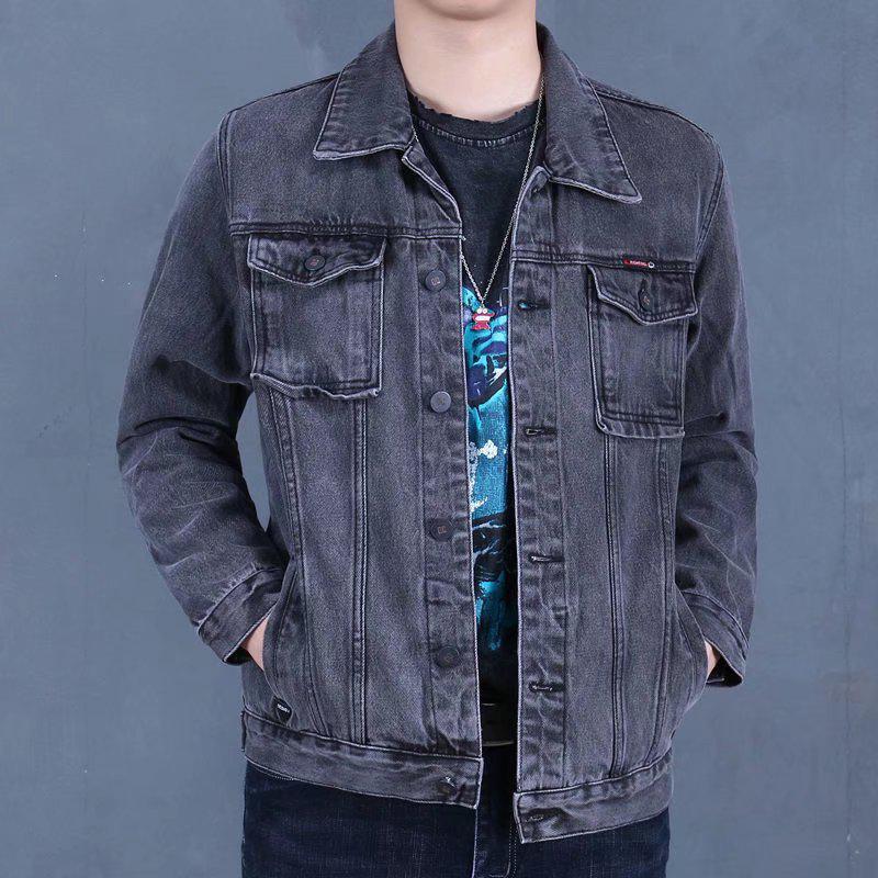 

Men s Trendy Black Denim Jacket, Spring 2023 – Korean Style, Wear-resistant Lapel Coat 4XL серый