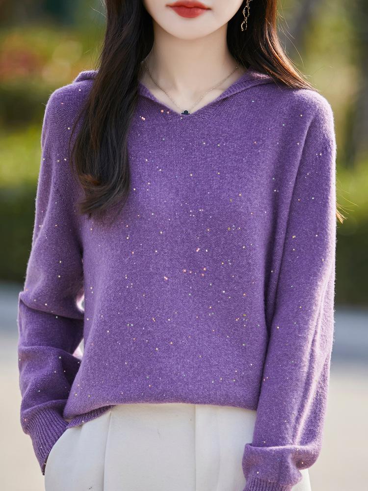 Women's Pure Wool Sequin Knit Hooded Sweatshirt: Autumn/Winter Seven-Stitch Loose Hoodie
