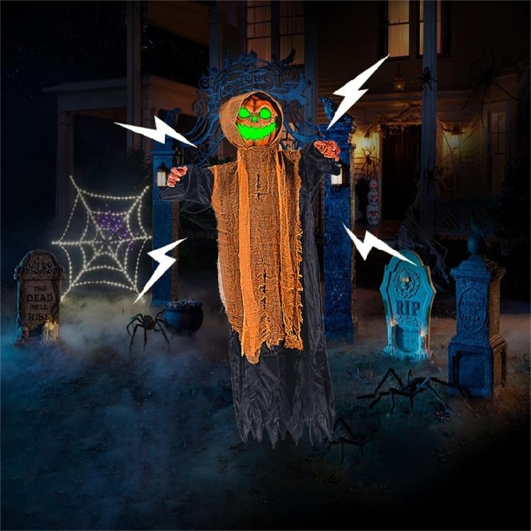 Scary Pumpkin Skeleton with Sound Effect Light up LED Eye Voice Activated Skeleton Hanging Decoration For Inside Outdoor