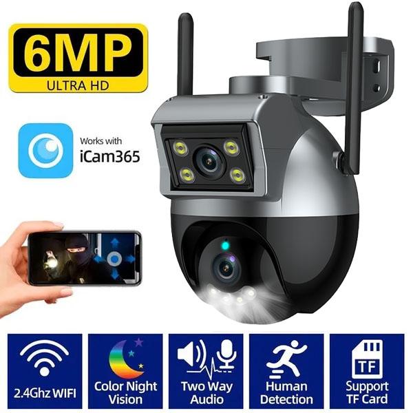 

6MP Двойной объектив Wi-Fi IP-камера Открытый Авто отслеживание PTZ Беспроводная камера видеонаблюдения AI Smart 2 Way Audio CCTV IP Cam