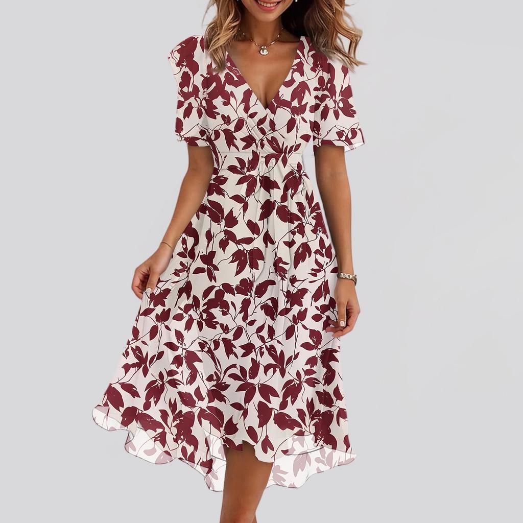 Damenmode Lässig V-Ausschnitt Kurzarm Rüschen Vintage Bedruckte Kleider