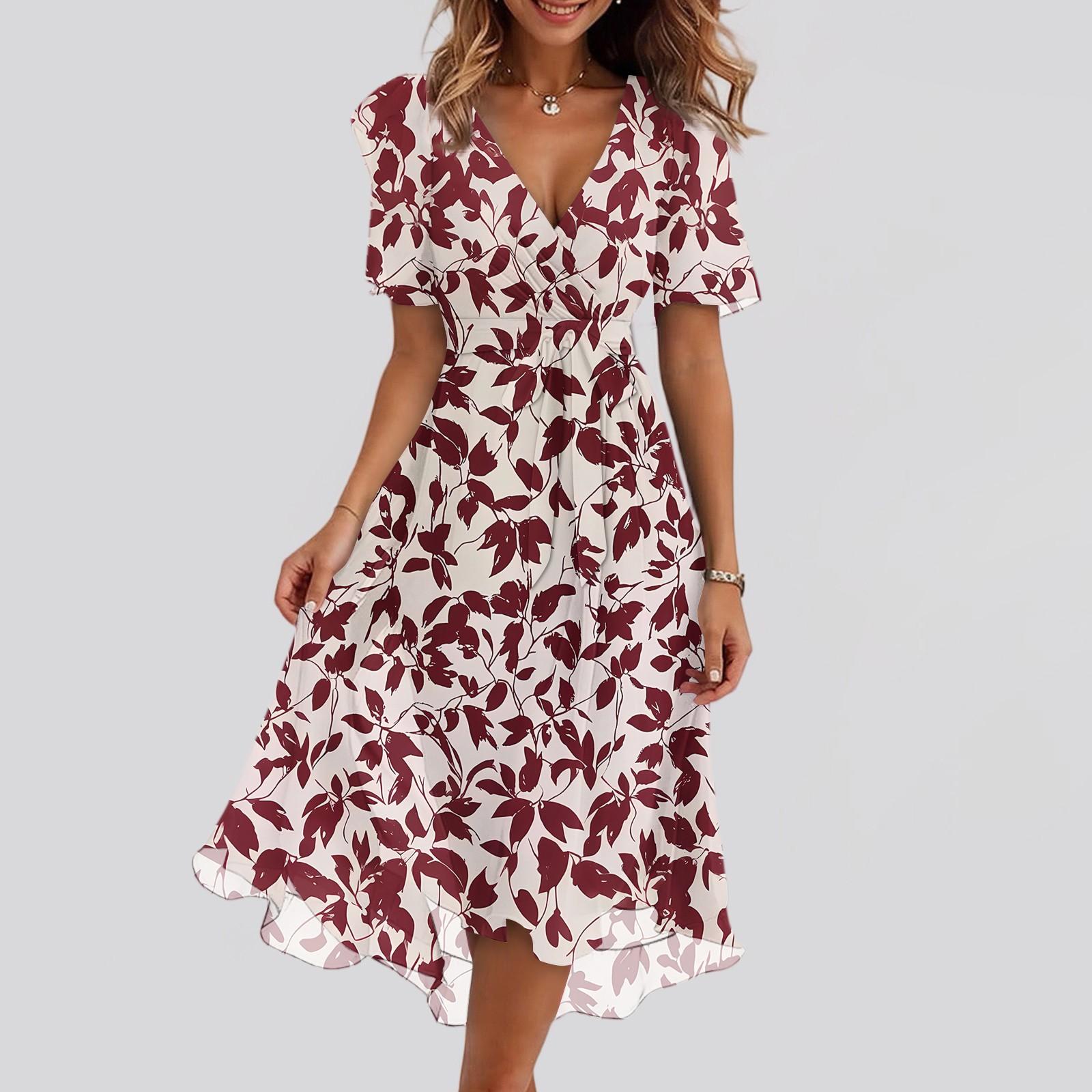 

Жіночі Модні Повсякденні Сукні з V-подібним Вирізом, Коротким Рукавом та Воланами, Вінтажні з Принтом L червоний