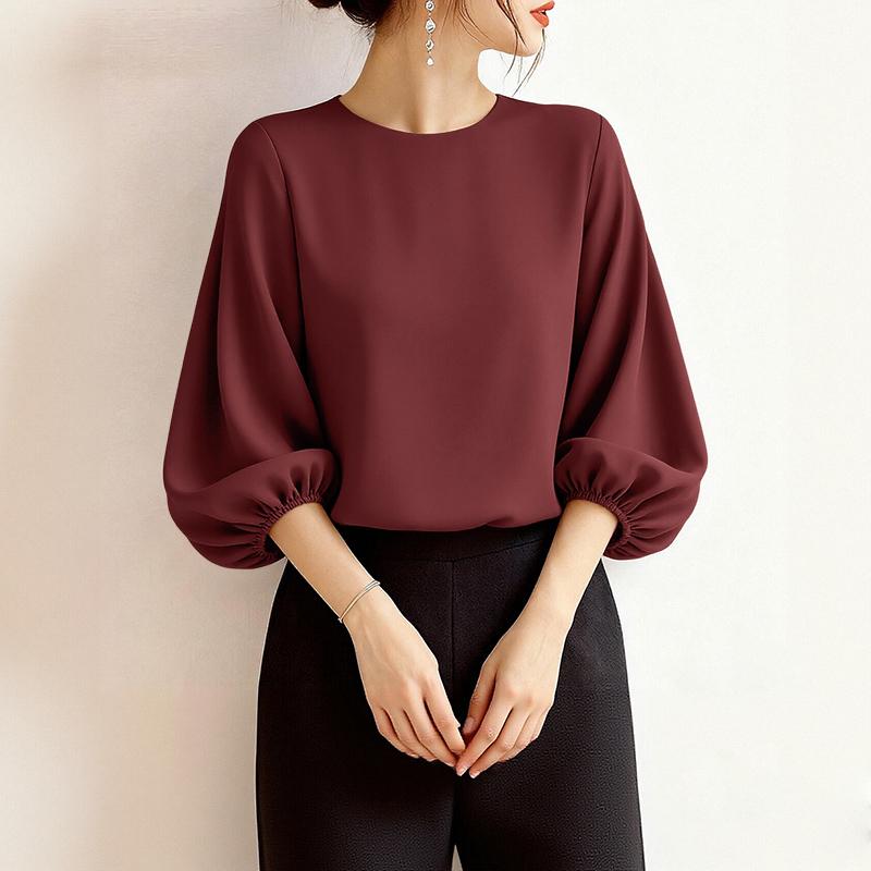 

ZANZEA Женская повседневная блузка с круглым вырезом, однотонная, с рукавами 3/4 5XL вино красного