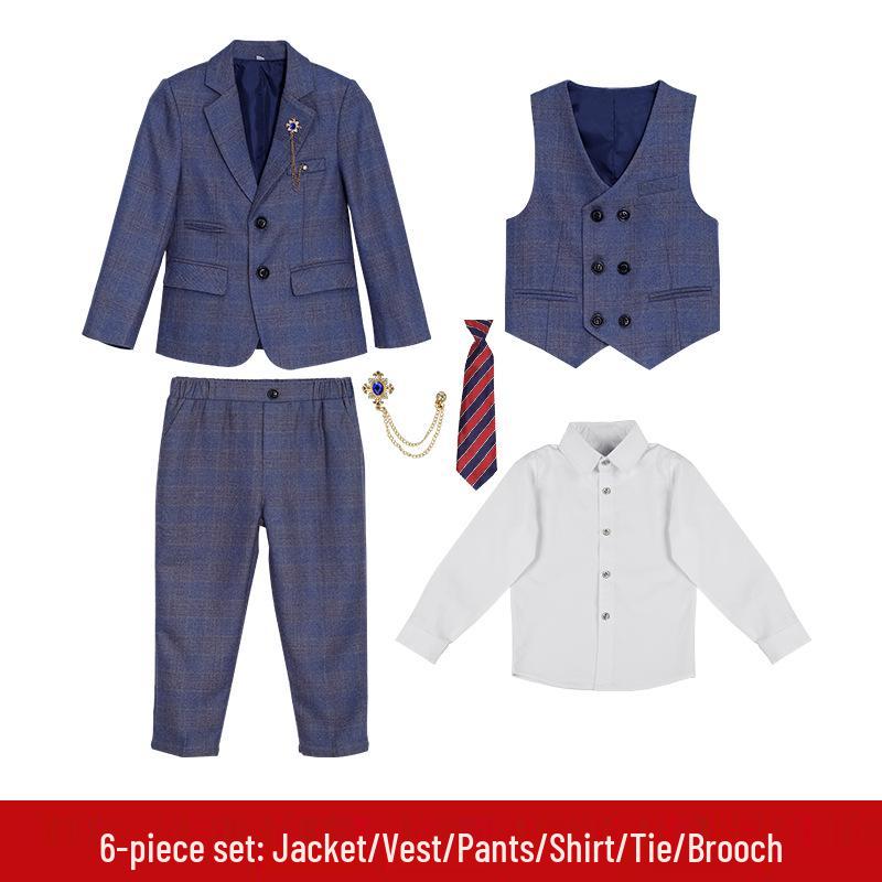 

Детский клетчатый костюм-тройка 2023 года: Свадебный сценический комплект для мальчиков на осень/зиму 130cm, for 22-25kg