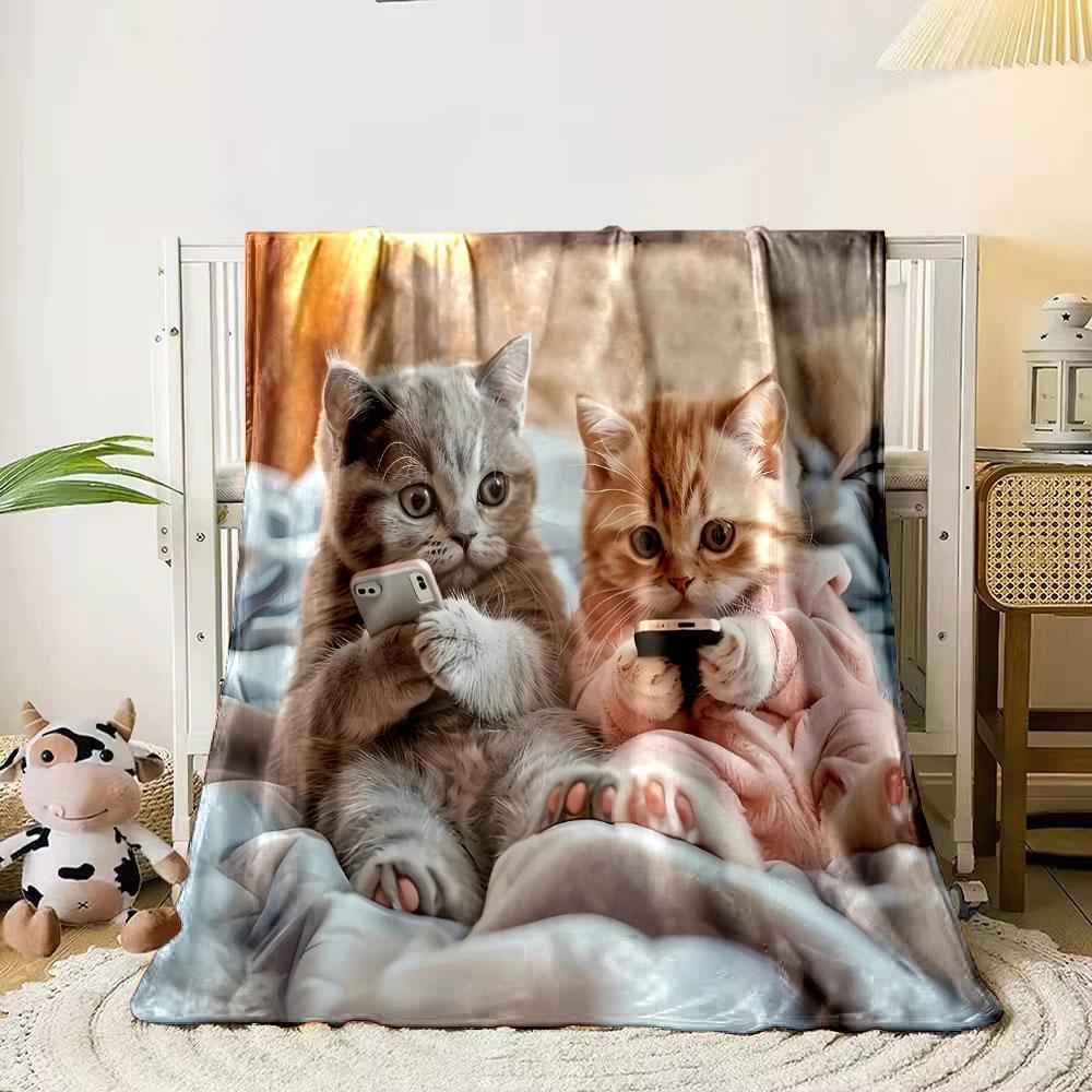 Cute Kittens Phone Pattern Blanket Bedroom Blanket for Livingroom Couch Lunch Break Soft Throw for Friend's Festival Gift