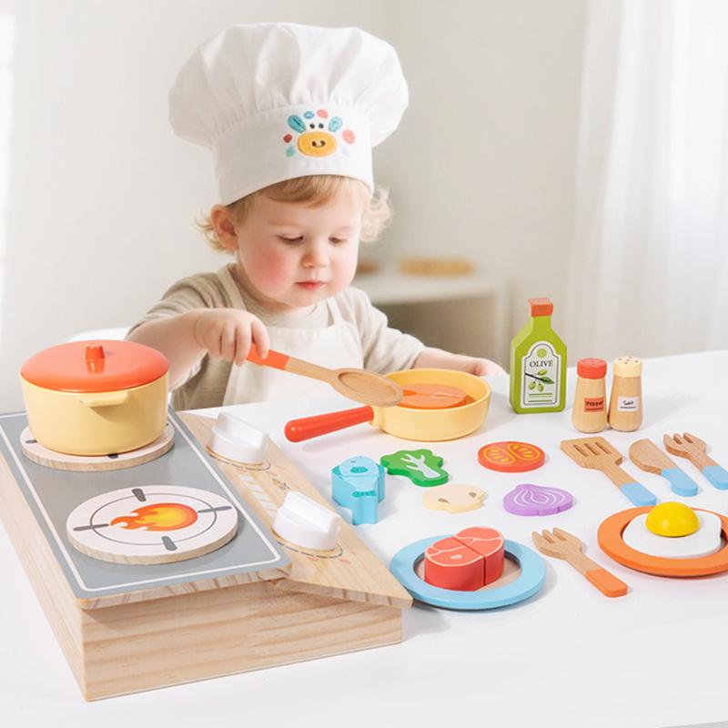 Wooden Pretend Play Cooking Set: Fruits, Vegetables, Meats & Cutlery Toy