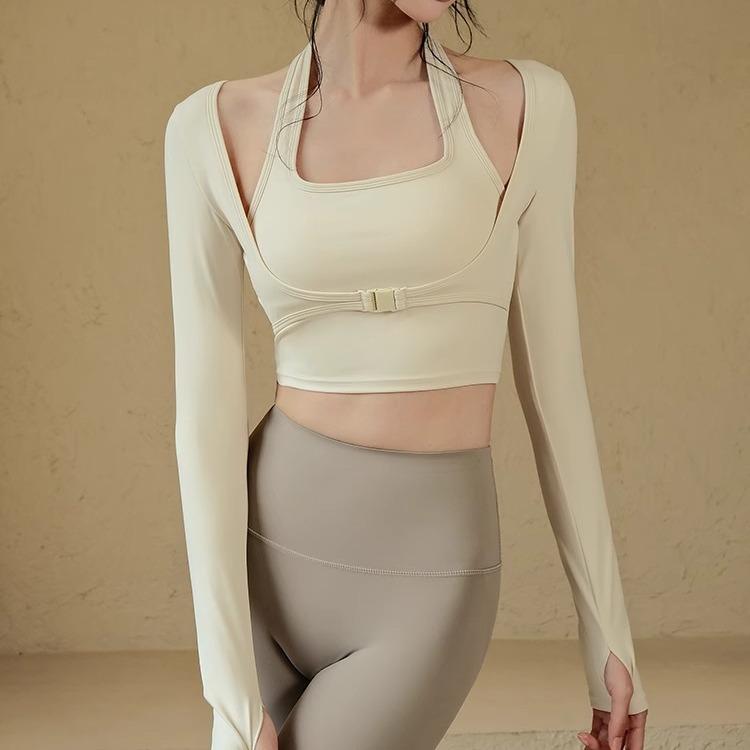 Spring Quick-Dry Running Fitness Suit: Two-Piece Long-Sleeve Yoga Top with Fixed Chest Pad