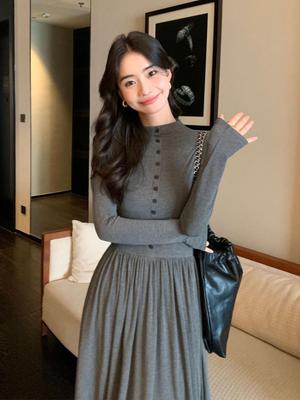 Elegant French Long-Sleeve Dress: 2025 Autumn/Winter Collection, Stand Collar, Waist-Cinched Slimming Skirt