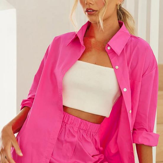 

Женские рубашки-шорты с лацканами, однобортные рубашки с длинными рукавами, топы, эластичные шорты с высокой талией и широкими штанинами, свободные карманы, топы, короткие брюки