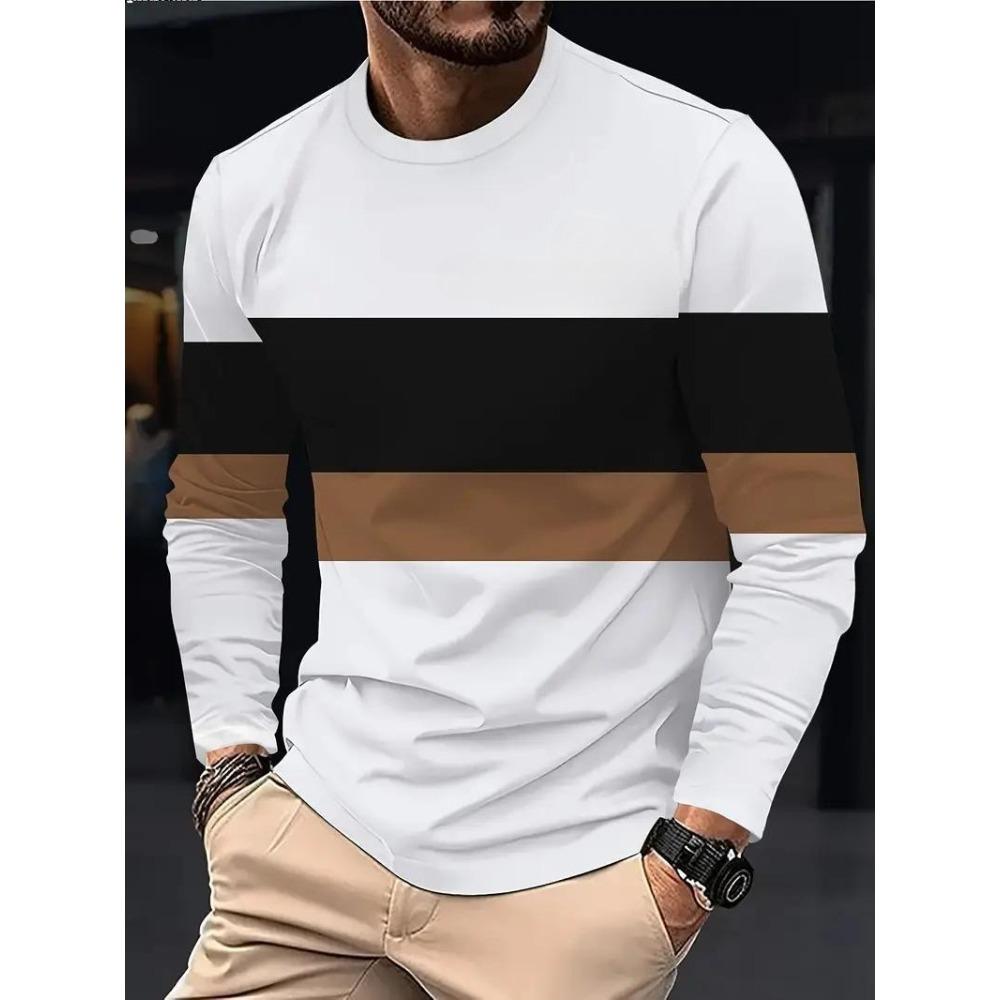 Fashionable Casual Long Sleeved T-shirt Soft Comfortable Vintage Creative Stripe 3d Printed Versatile Loose Men's T-shirt