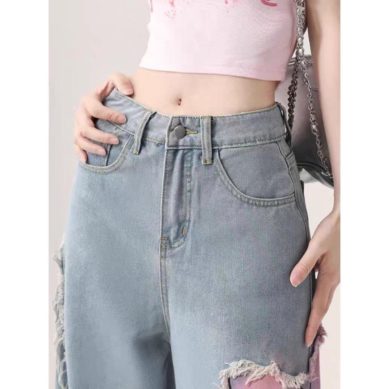 American Embroidered Butterfly Smudged Wide-leg Jeans Women's Spring and Autumn Straight-leg Pants