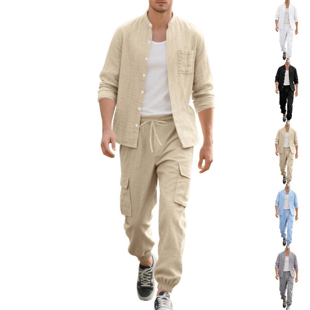 

Spring and Summer Men s Linen Button Long Sleeved Shirt and Pants Set, Fashionable, Casual, Breathable, Quick Drying 2-Pic Set S хакі