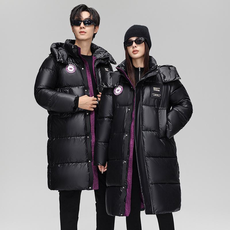2024 Unisex Extra Long Hooded Black Cotton Jacket - Color Block Thickened Winter Coat