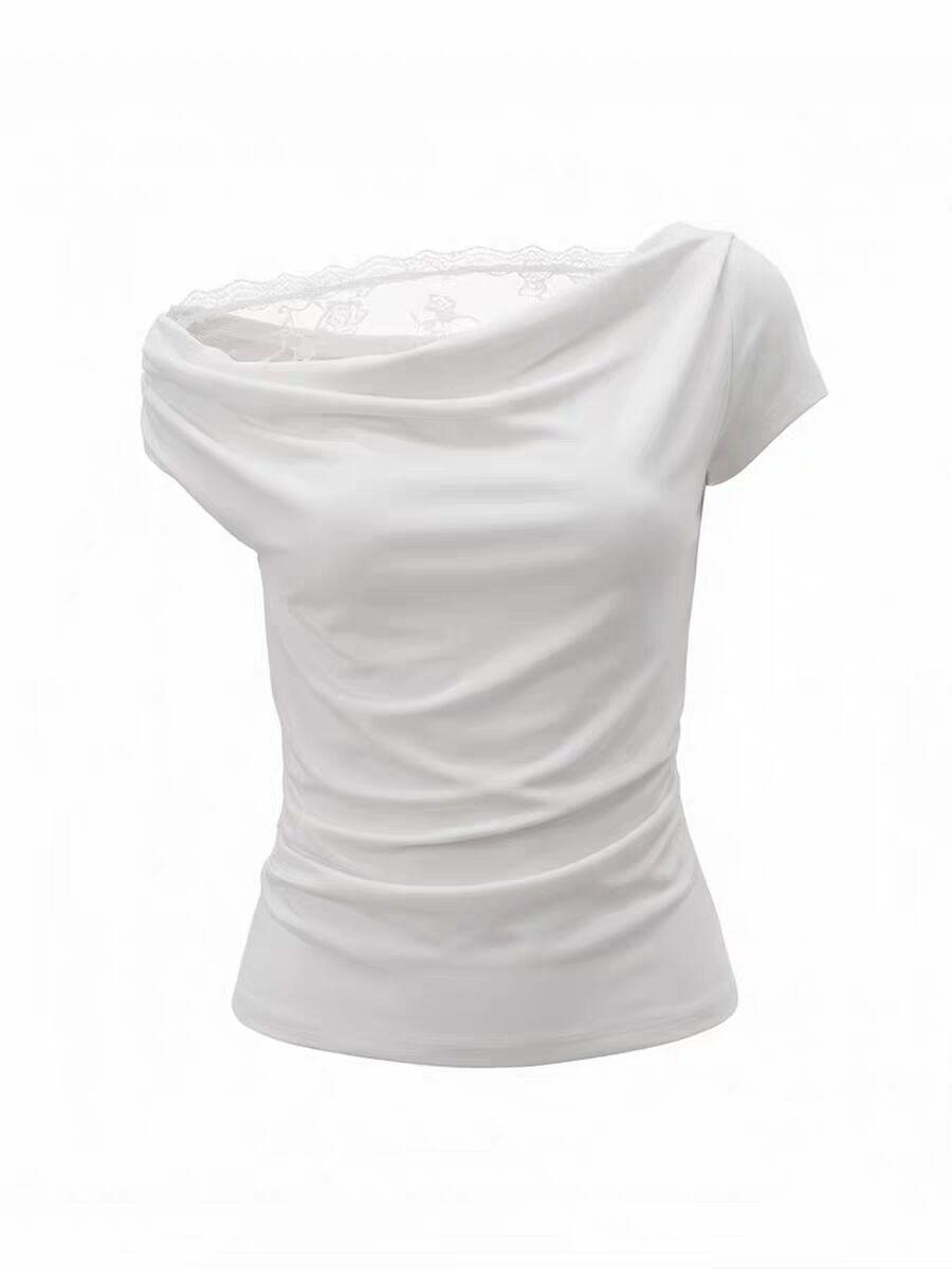 

Korean embroidered lace splicing short-sleeved T-shirt women s summer slim and thin pure desire versatile design top l [recommended 57.5-65kg ] білий