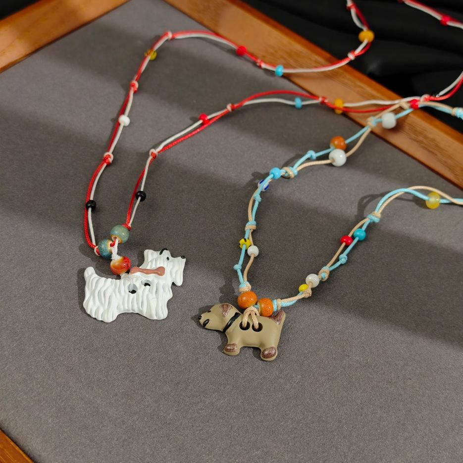 Cartoon Dopamine Color Puppy Beaded Braided Rope Necklace Light Luxury Niche Sweet Cute Collarbone Chain Female