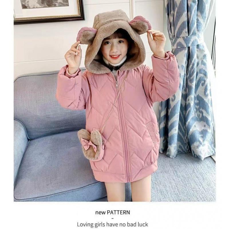 Girls Winter Fashion Cotton Jacket For Children Mid-Length Coat Girl Cotton Padded Jacket With Bag