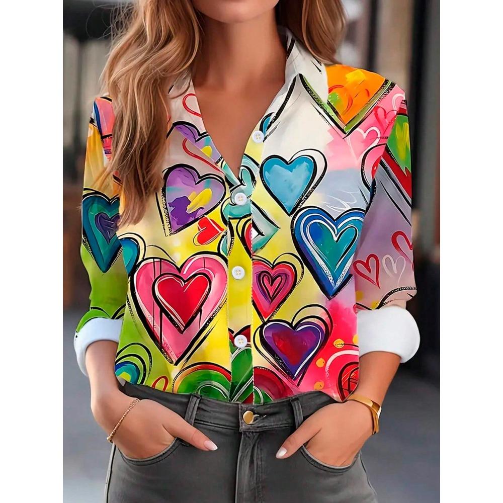 Simple And Clear Love Flower Print Ladies Casual Long Sleeve Lapel Shirt Outdoor Casual Ladies Shirt Urban Street Fashion Shirt