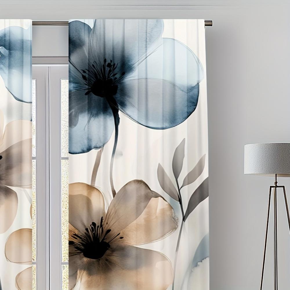 2-Pack Watercolor Floral Print Door Curtains - Polyester Fabric, Machine Washable, Suitable For Bedroom, Kitchen, Living Room