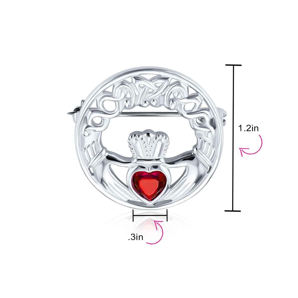 Traditional Irish Celtic Round Circle Claddach Brooch Red Heart Shape Made of Sterling Pin, CZ, .925 Silver.