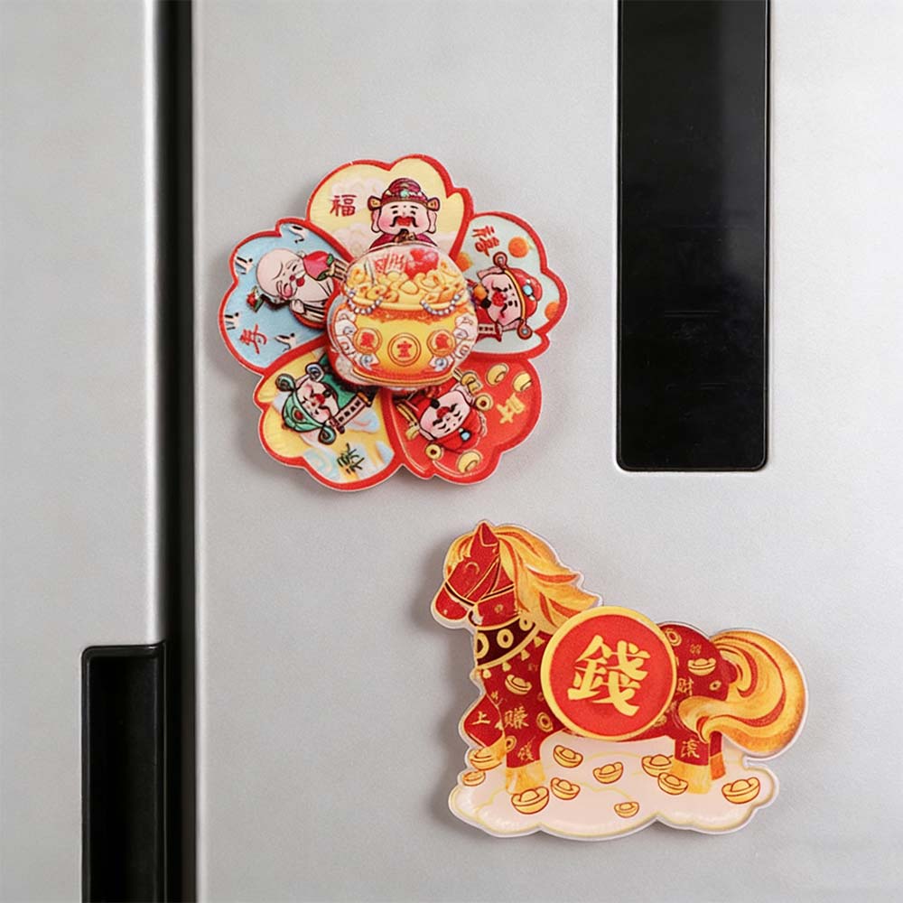 3D Rotating Refrigerator Magnets God of Wealth Chinese Style New Year Magnetic Sticker Traditional Cartoon