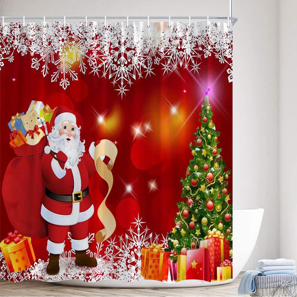 

Красная шторка для душа на Рождество с Санта-Клаусом, белая снежинка, елка, подарок, новогодний декор для дома, ванной комнаты, занавески для ванны с крючками 90x180cm-35x70in
