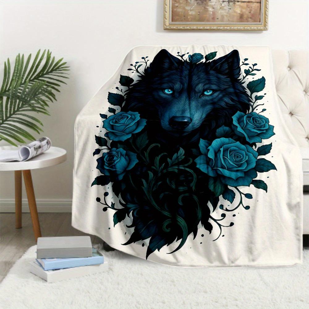 1Pc Wolf Roses Print Flannel Blanket, High Quality Digital Printing, Comfortable for All Seasons, Home DecorGifts821007