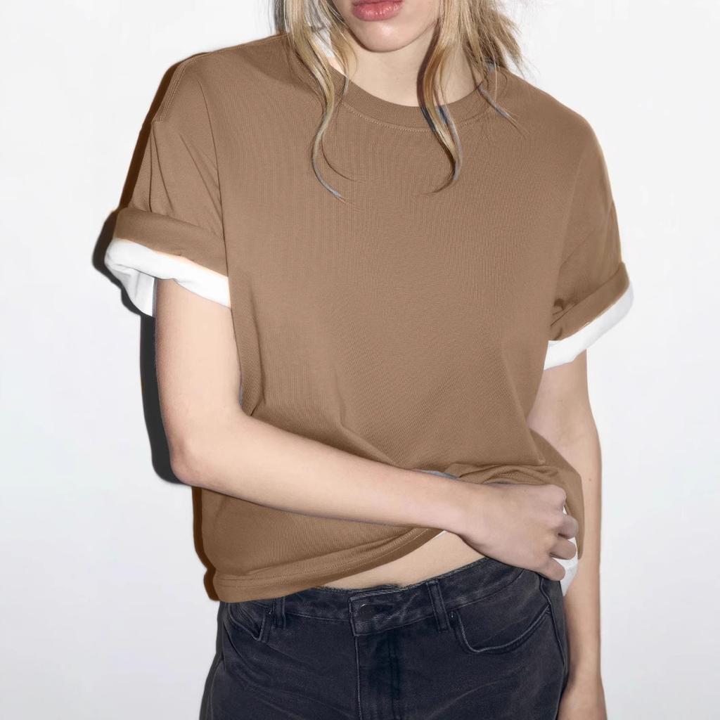 100% Cotton Round Neck Solid Color T-shirt Women's Short Sleeved Top