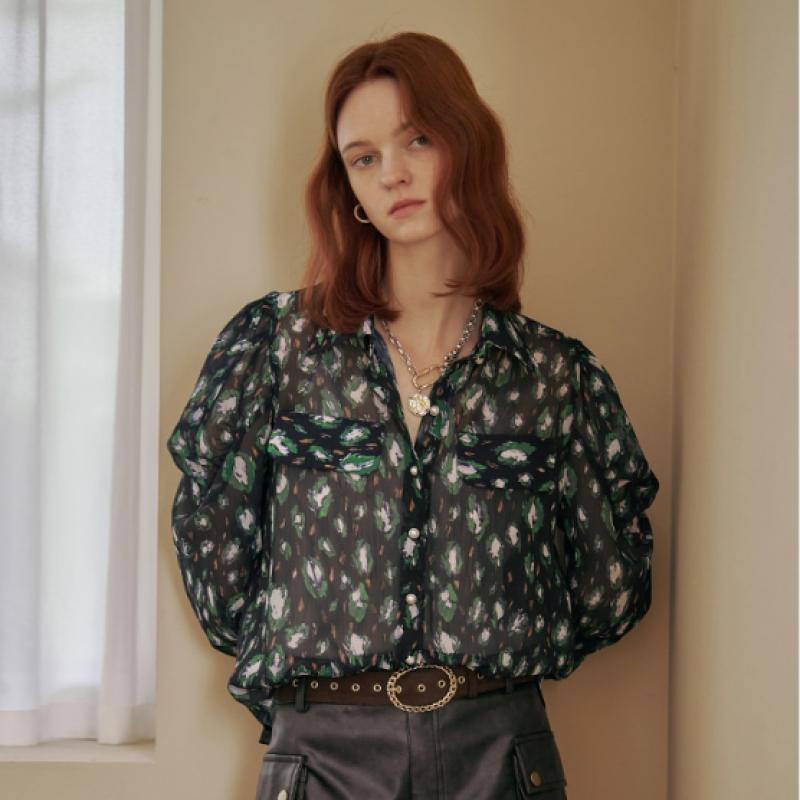Maxza Leopard Chiffon Puff Blouse With Flap Pocket Zd10qb602nh