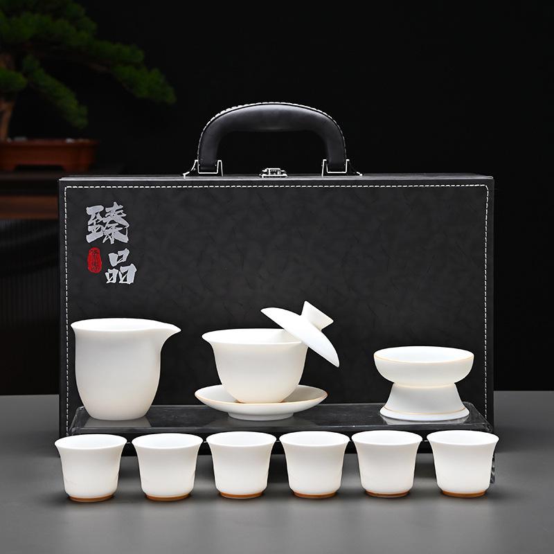 Kung Fu Mutton Fat Jade Gaiwan Teapot Set - Gold-Painted Luxury Tea Set