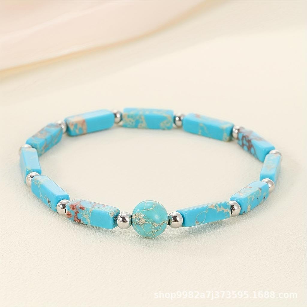 Mixed Natural Stone Beaded Bracelet Set – Rectangle Round Bead Boho Jewelry, Colorful Healing Gift for Women