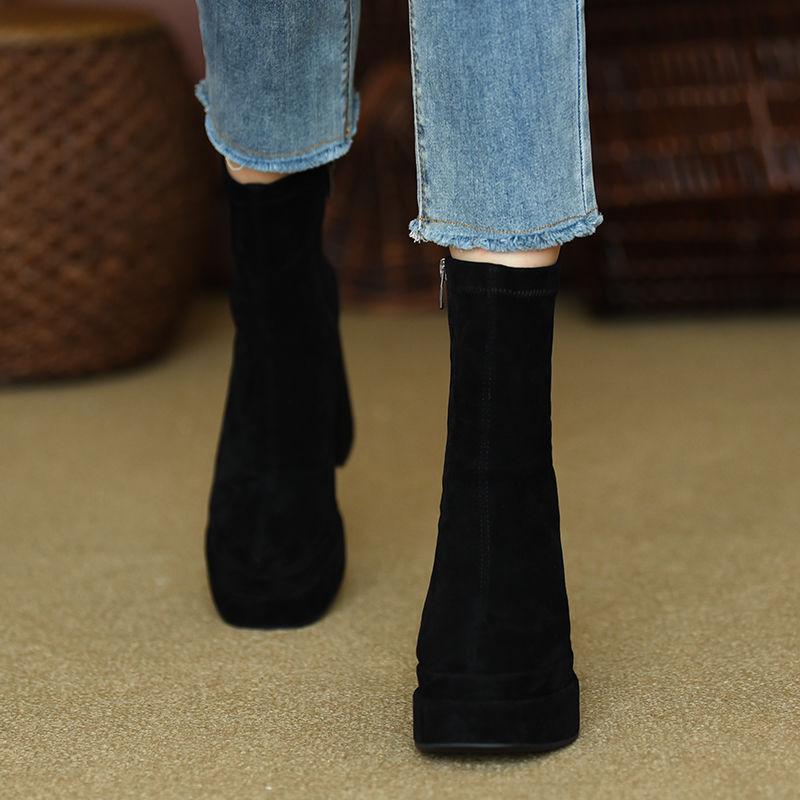 Fashion Footwear Chunky Women's Ankle Boots Very High Heels Booties Heeled Short Shoes For Woman Suede Platform Sock With Young On Sale