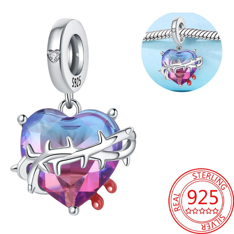 Breloque Pendentif Perles Cœur Rose Scintillant Cuivre Compatible Bracelet Original Pour Femmes Bijoux Cadeaux Saint-Valentin