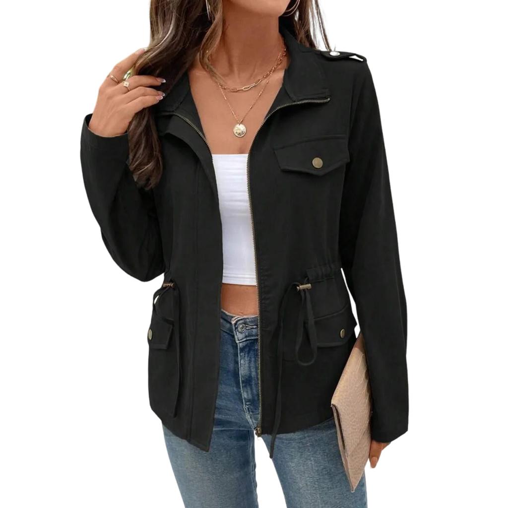 Women's Solid-Color Fashionable Casual Drawstring Waist Long-Sleeve Jacket For Fall/Winter