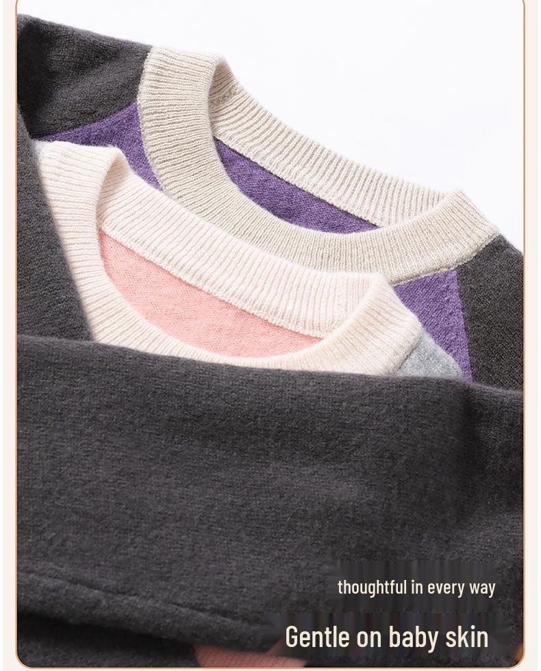 100% Wool Color Block Crew Neck Sweater for Boys & Girls - 2025 Autumn/Winter Collection