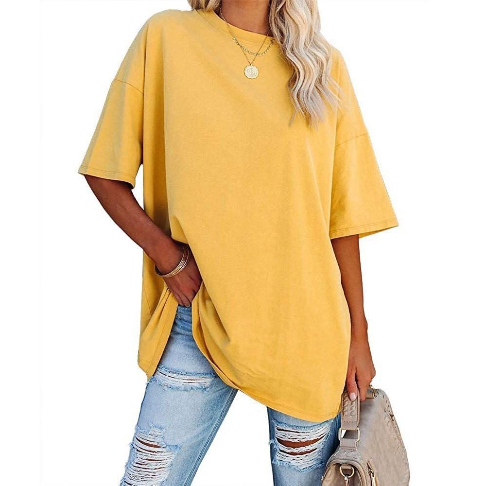 Amazon women s new top spring and summer solid color loose half-sleeved round neck cotton short-sleeved cross-border source factory S