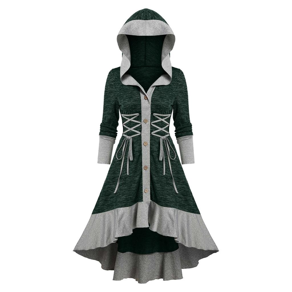 Women  Contrast Ribbed Ruffles Flare Sleeve Button Coat High Low Cardigan