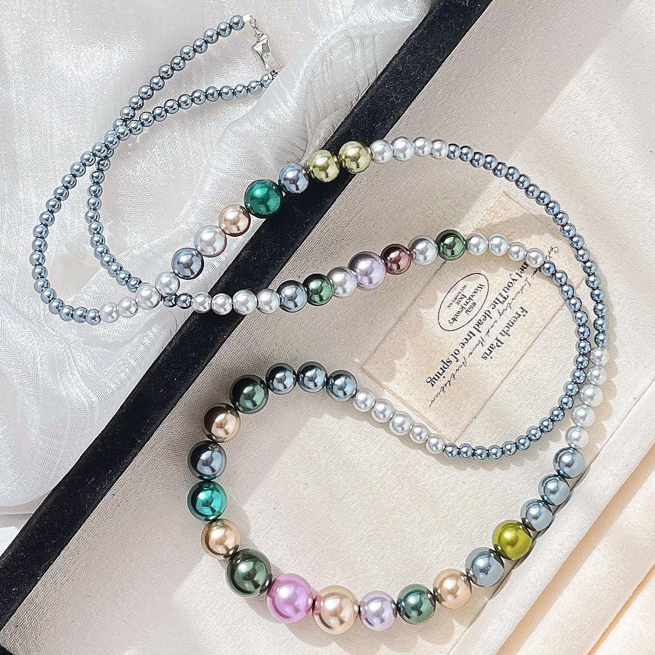 High Quality Colorful Platinum Gray Artificial Crystal Pearl Necklace Neck Chain Sweater Chain Women