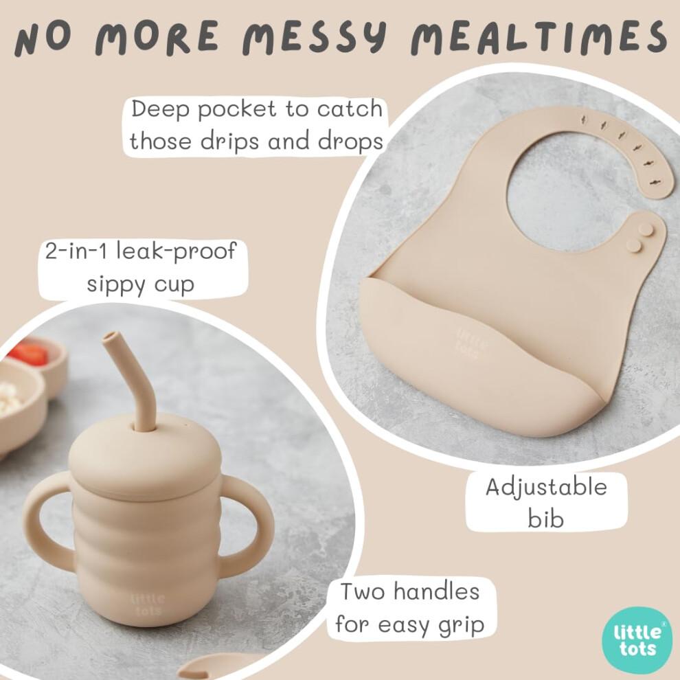 Baby-Beikost-Set von Little Tots | Silikon-Saugplatte, Saugnapfschale, Lätzchen, Trinklernbecher + Strohhalm, Kleinkind-Löffel + Gabel, Beikost-Gabel + Löffel | 8-teilig