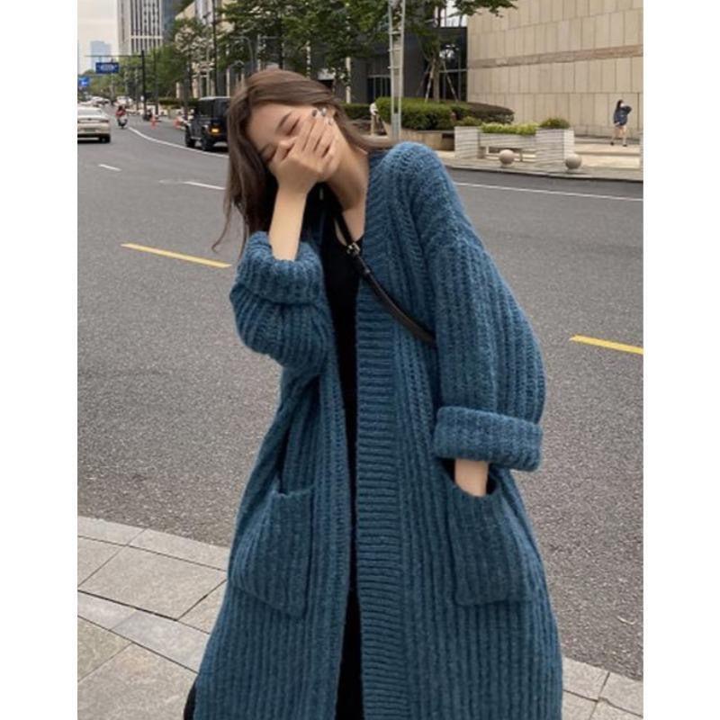 Autumn and Winter Ladies' Lazy Style Mid-Length Over-the-Knee Sweater Loose and Versatile Long-sleeved Knitted Cardigan