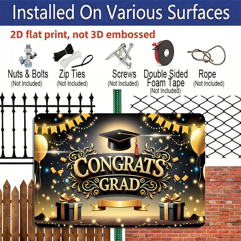 2D Flat, 1pc "Congrats Grad" Graduation Plaque - Black & Gold Graduation Decor Sign with Cap & Balloons, Black & Gold - Aluminium Wall Hanging
