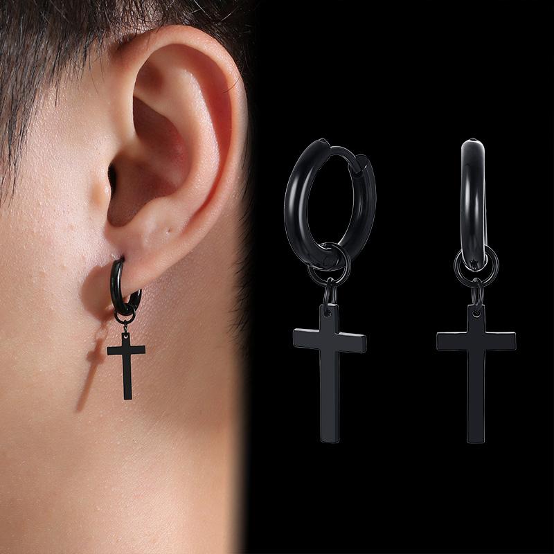 Vnox Simple Cross Dangle Earrings for Men Women Minimalist Stainless Steel Drop Small Hoop Metal Ear Jewelry Anti Allergy