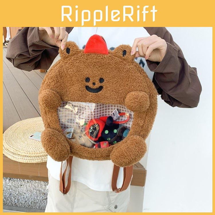 Cute Furry And Bear Plush Backpack With Transparent Layer For Badges Carrying