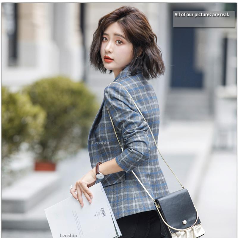 Lenshin Soft and Comfortable High-quality Plaid Jacket with Pocket Office Lady Casual Style Blazer Women Wear Single Button Coat