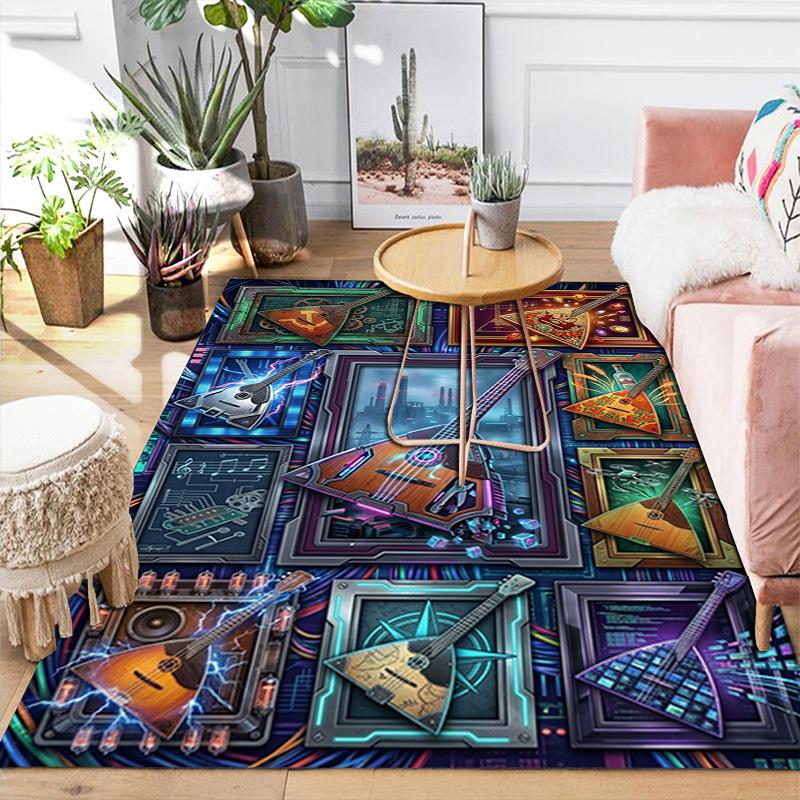 Cyberpunk Musical Instruments Pattern Rug Floor Mat for Living Room or Bedroom Soft and Comfortable Carpet a Gift for Birthday and Holiday.