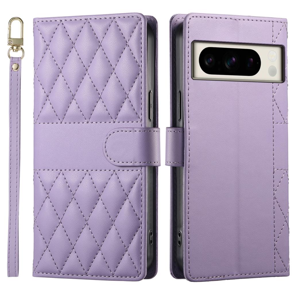 Für Google Pixel 8 Pro Hülle Rautensteppung Brieftasche Ständer Leder Handyhülle mit langem/kurzem Riemen