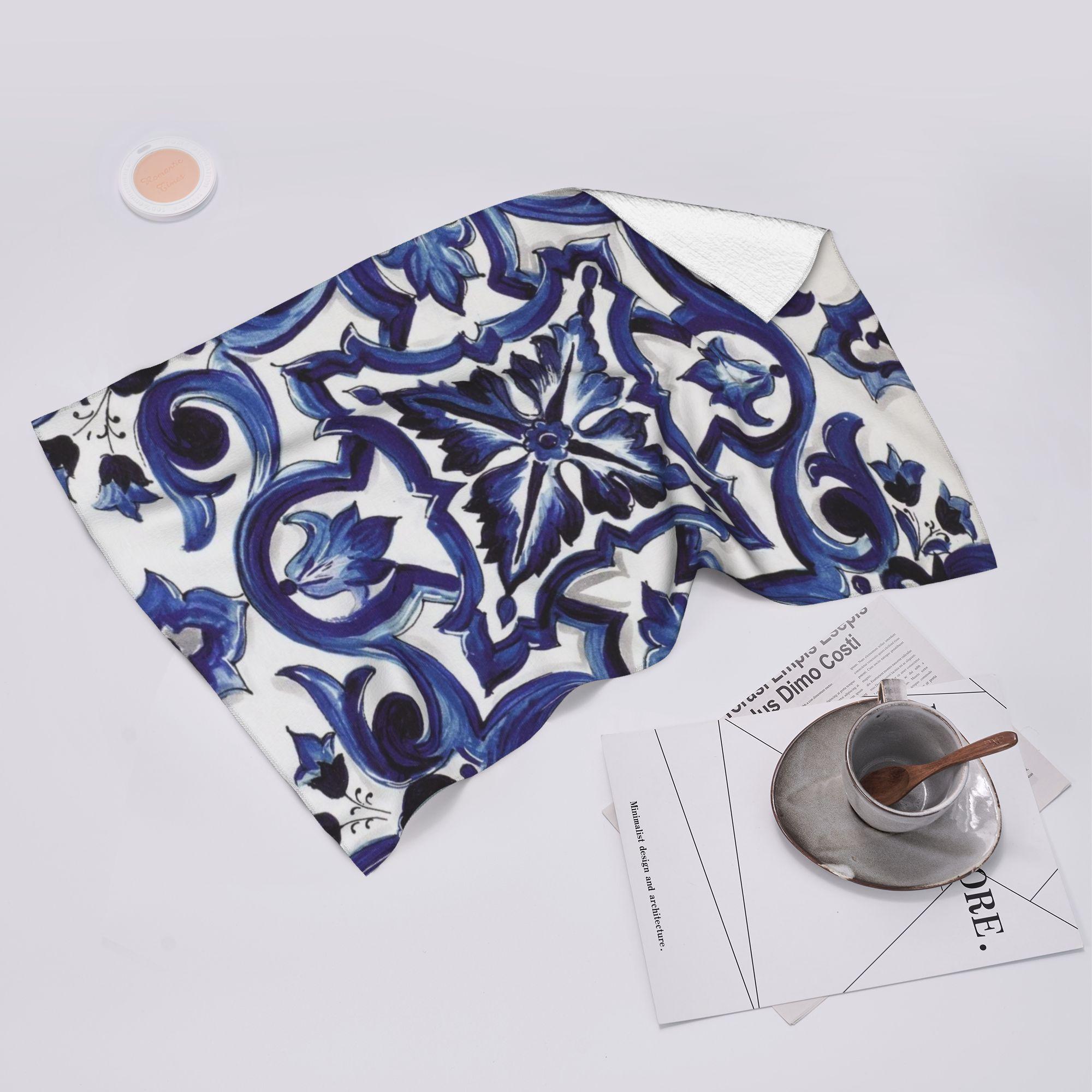 Ka Chen Muxi Blue Ornate Floral Mediterranean Sicilian Tile Soft Face Towel Quick Dry Pool Bath Cotton Towels Breathable