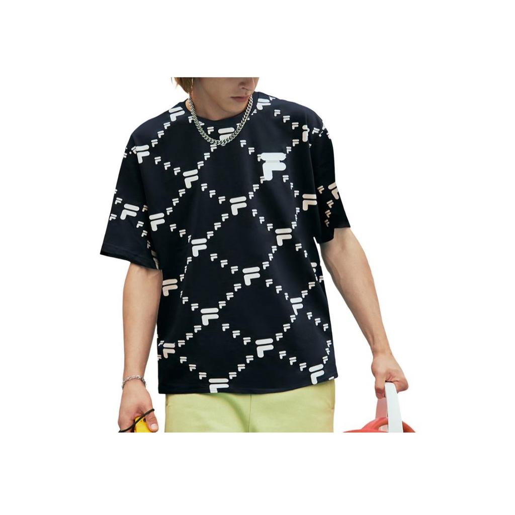 Fila All Over Print Letter Crew Neck Pullover Short Sleeve T-Shirt Unisex T-Shirt Deep-Black T11U326101F-BK