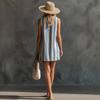 Vintage Striped Mini Dress, Round Neck Sleeveless Women Dress